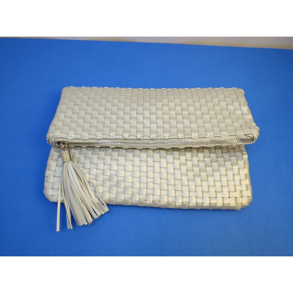 Charming Charlie Silver Zip Folding Clutch Purse Bag Women Silver Faux Leather